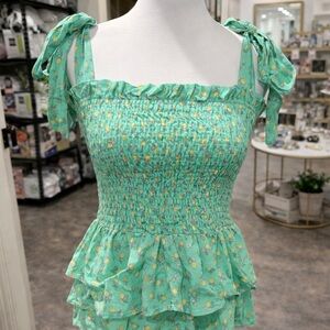 White Birch Smocked Tie Strap Top | S M L XL | Lemon Print 🍋 Ruffle Hem NWOT